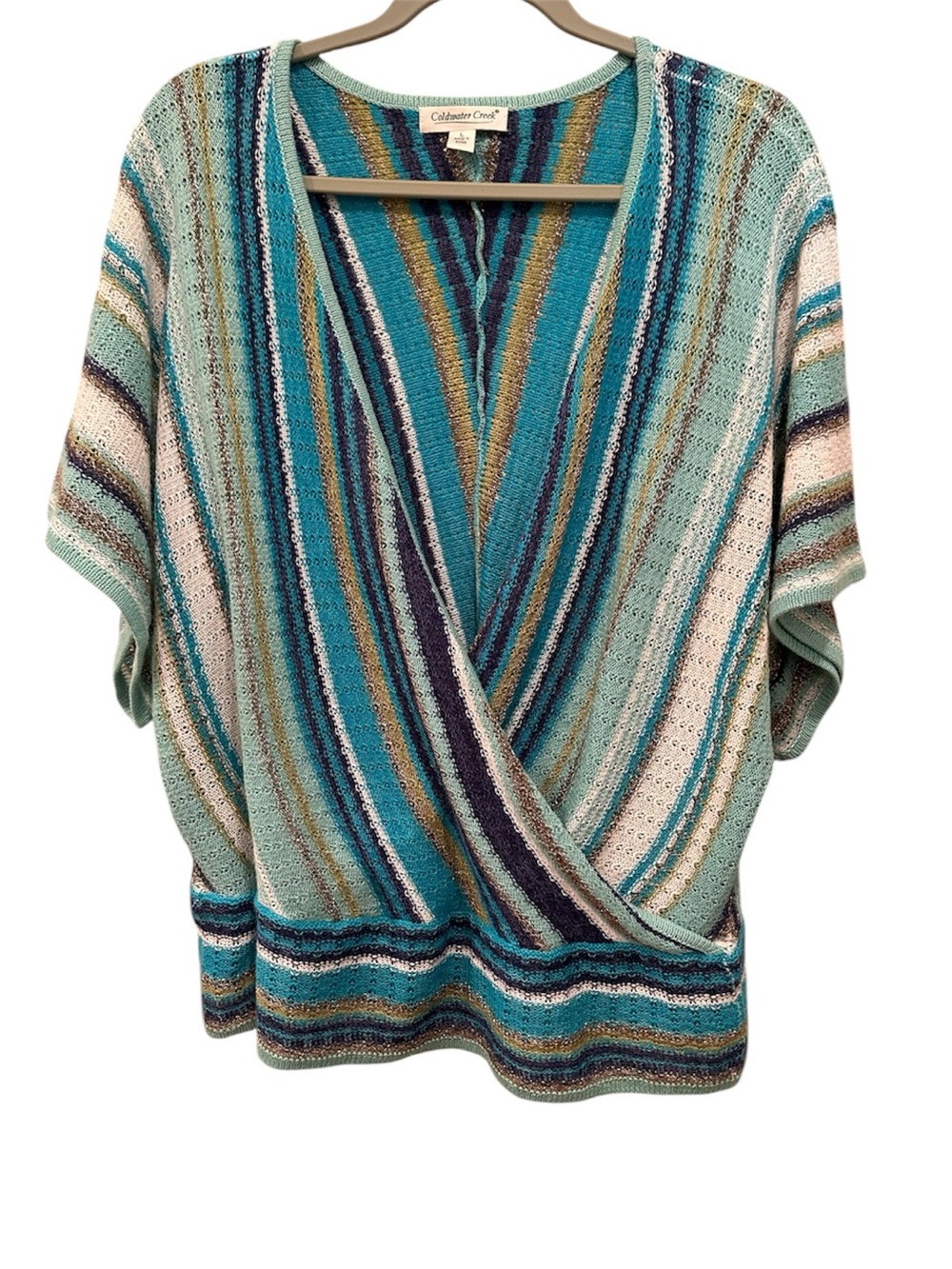 Women's Striped Wrap Knit Sweater Top Shimmery Colorful Lightweight Sz L